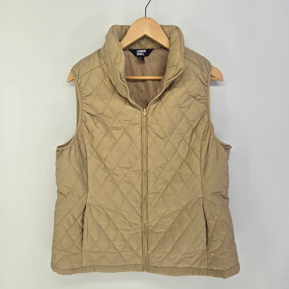 Lands End Quilted Vest Womens XL Tan Full Zip Puffer Sleeveless Jacket Layering